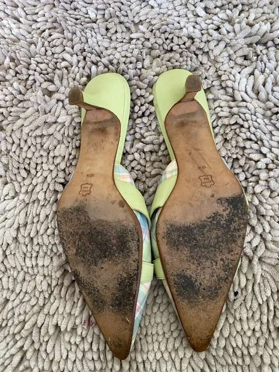 Etienne Aigner Pastel Plaid Pointed-Toe Mules with Lime Bow - Picture 3 of 4